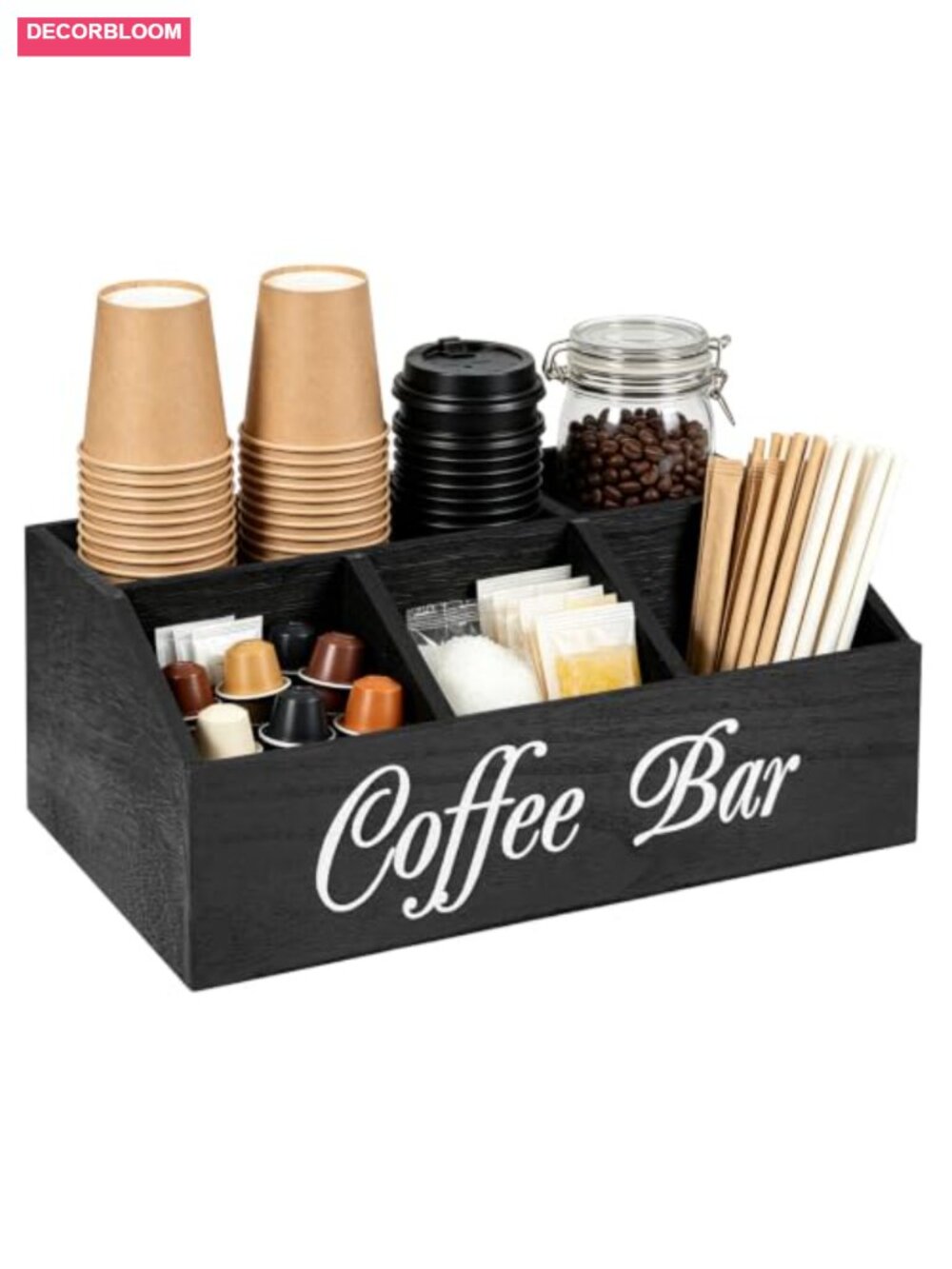 Wooden Coffee Station Organizer 5 Compartment Pod Holder Sloped Ramp Countertop